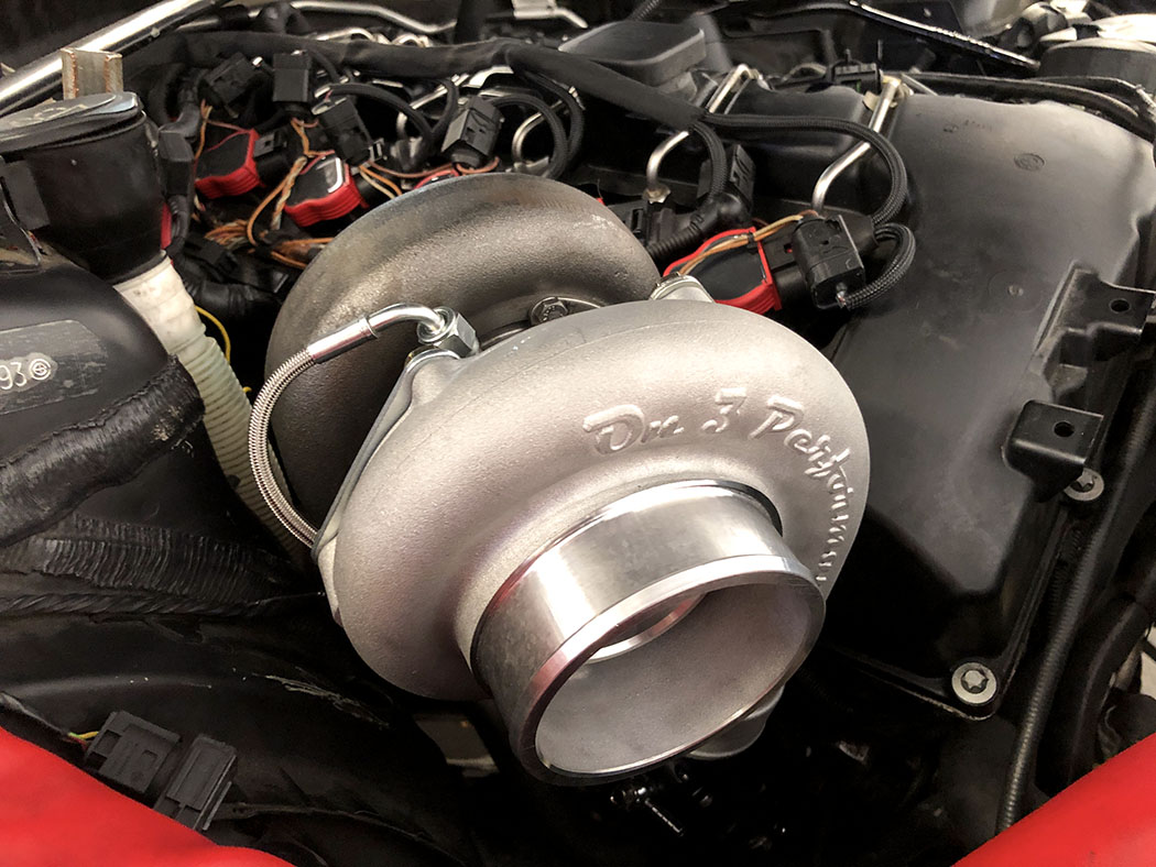 Top mounted turbo on a BMW e92 335i N54 single turbo swap with On3 Performance turbo kit